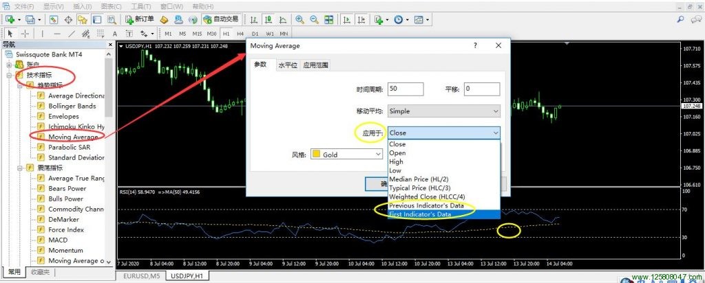 叠加指标时"FirstIndicator`sData"和"Preveous Indictaor's Data"说明