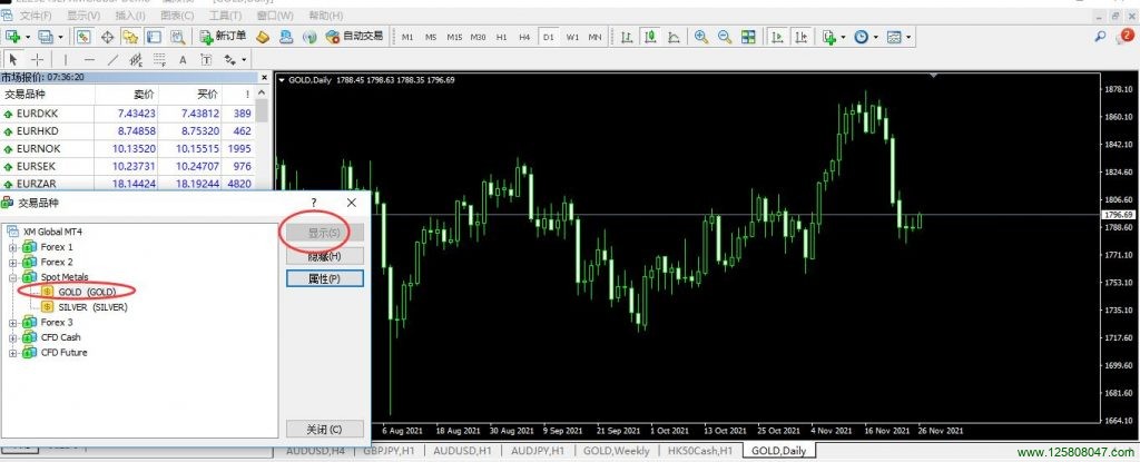 MT4交易品种列表中查找黄金